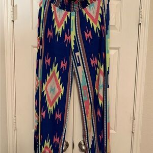 Blue and Pink Wide Leg Geometric Print Pants